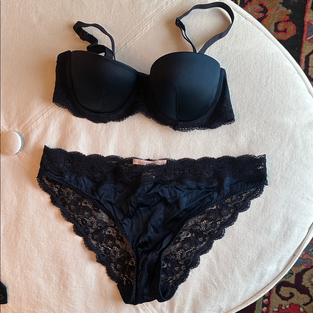 Stella McCartney navy satin and lace bra and panty SET 34A and Medium NWOT